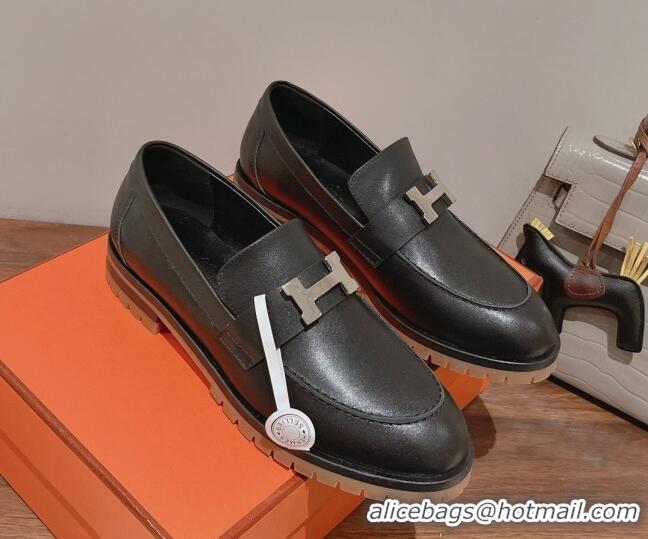 Shop Cheap Hermes Faubourg Calfskin Loafers Black 222125