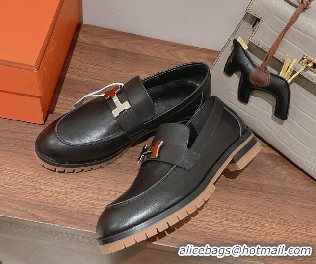 Shop Cheap Hermes Faubourg Calfskin Loafers Black 222125