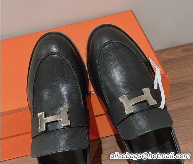 Shop Cheap Hermes Faubourg Calfskin Loafers Black 222125