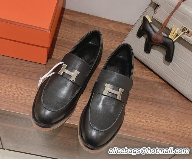 Shop Cheap Hermes Faubourg Calfskin Loafers Black 222125