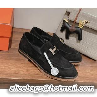 Luxury Hermes Faubourg Suede Loafers Black 222126