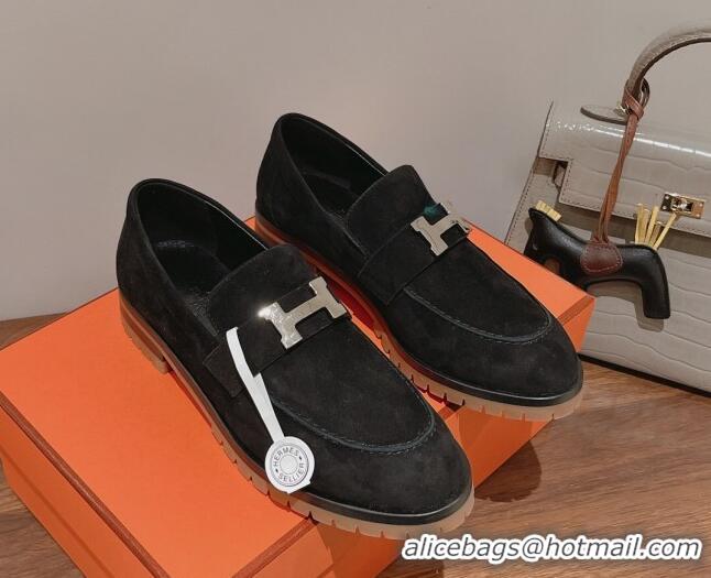 Luxury Hermes Faubourg Suede Loafers Black 222126