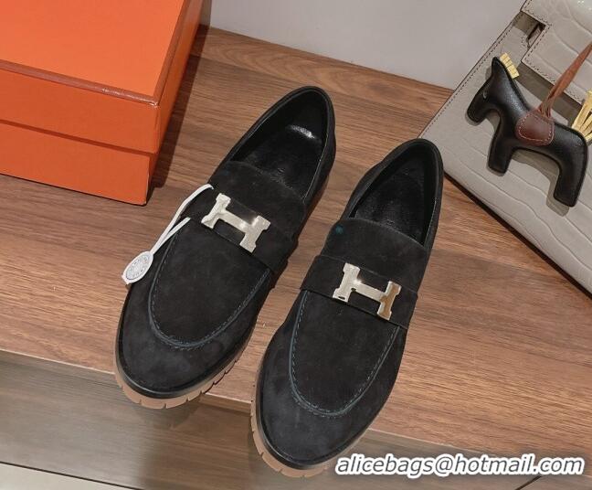 Luxury Hermes Faubourg Suede Loafers Black 222126