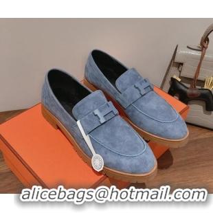 Stylish Hermes Faubourg Suede Loafers Blue 222128