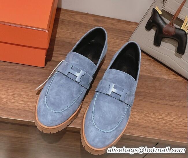 Stylish Hermes Faubourg Suede Loafers Blue 222128