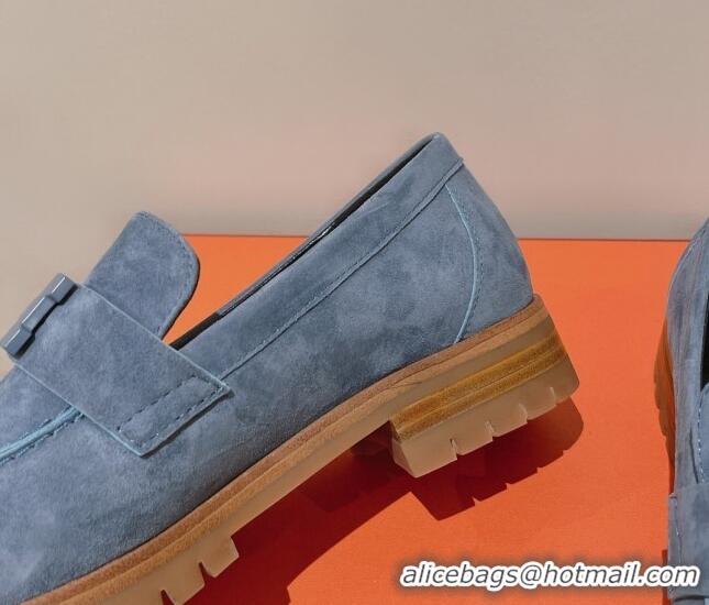 Stylish Hermes Faubourg Suede Loafers Blue 222128