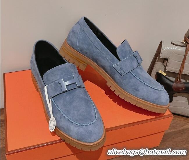 Stylish Hermes Faubourg Suede Loafers Blue 222128