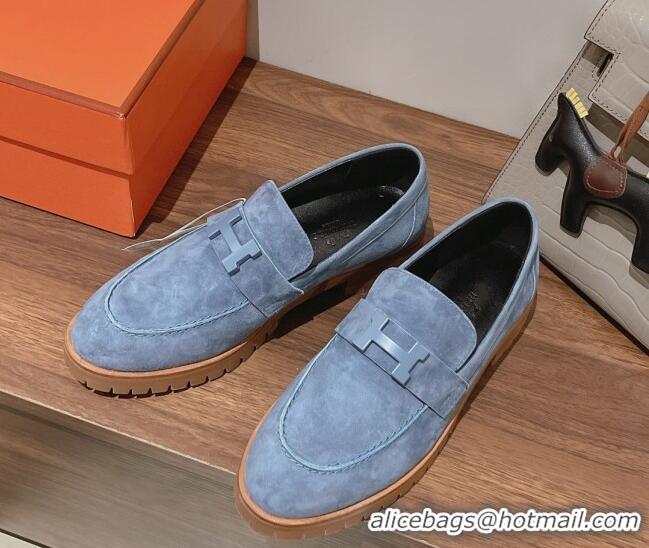 Stylish Hermes Faubourg Suede Loafers Blue 222128