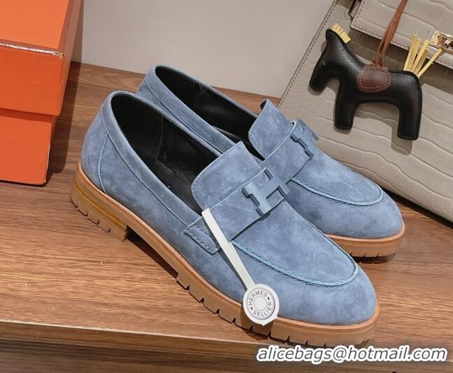 Stylish Hermes Faubourg Suede Loafers Blue 222128