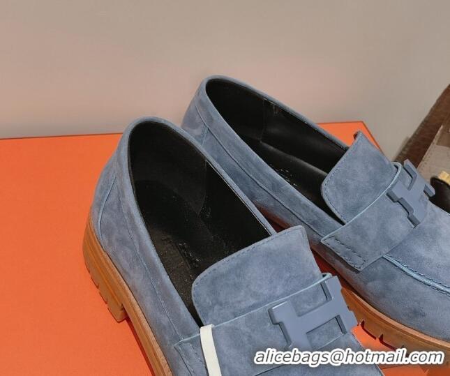 Stylish Hermes Faubourg Suede Loafers Blue 222128