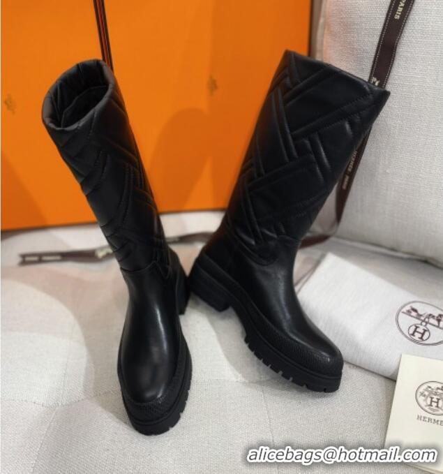 Good Quality Hermes Fuji Cotton Padded High Boots in Lambskin Black 2120322