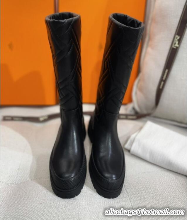 Good Quality Hermes Fuji Cotton Padded High Boots in Lambskin Black 2120322