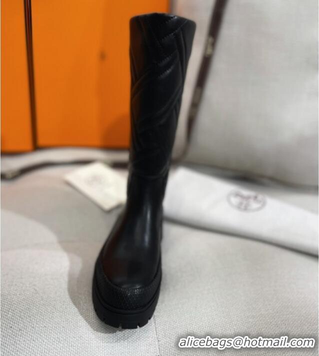 Good Quality Hermes Fuji Cotton Padded High Boots in Lambskin Black 2120322