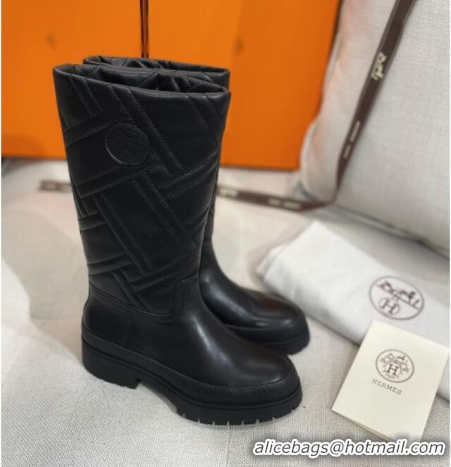 Good Quality Hermes Fuji Cotton Padded High Boots in Lambskin Black 2120322