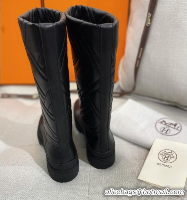 Good Quality Hermes Fuji Cotton Padded High Boots in Lambskin Black 2120322