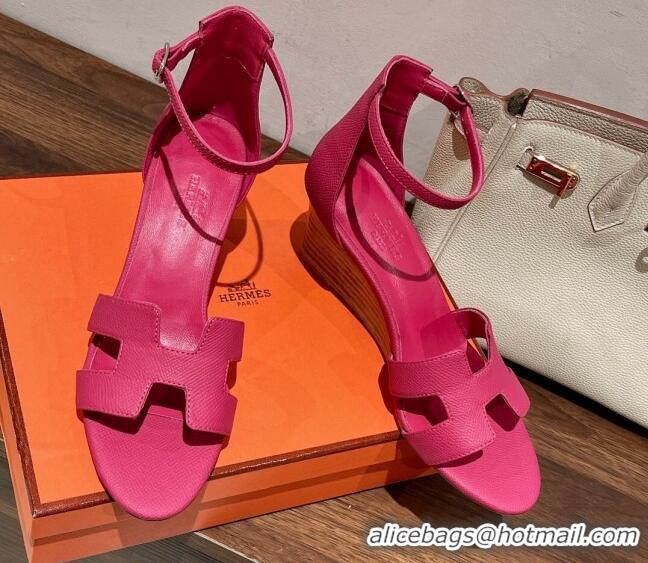 Classic Hot Hermes Legend Epson Leather Wedge Sandals 7cm Dark Pink 020864