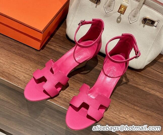 Classic Hot Hermes Legend Epson Leather Wedge Sandals 7cm Dark Pink 020864