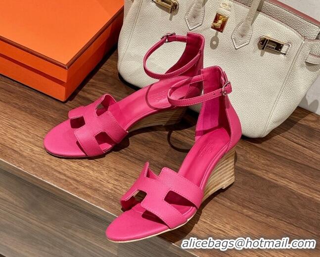 Classic Hot Hermes Legend Epson Leather Wedge Sandals 7cm Dark Pink 020864