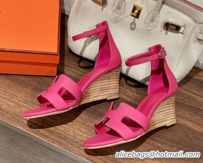 Classic Hot Hermes Legend Epson Leather Wedge Sandals 7cm Dark Pink 020864