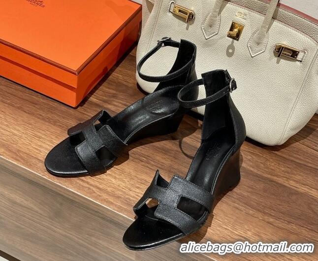 Luxury Hermes Legend Epson Leather Wedge Sandals 7cm Black 020865