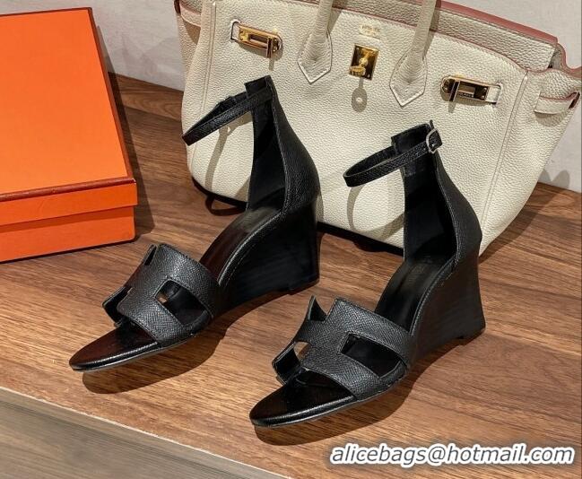 Luxury Hermes Legend Epson Leather Wedge Sandals 7cm Black 020865