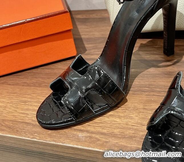 Stylish Hermes Premiere Heel Sandals 9 cm in Crocodile Embossed Leather Black 020867