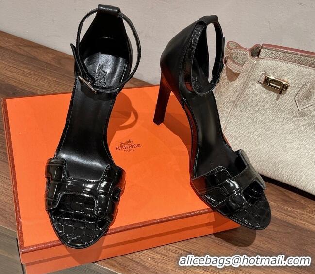 Stylish Hermes Premiere Heel Sandals 9 cm in Crocodile Embossed Leather Black 020867