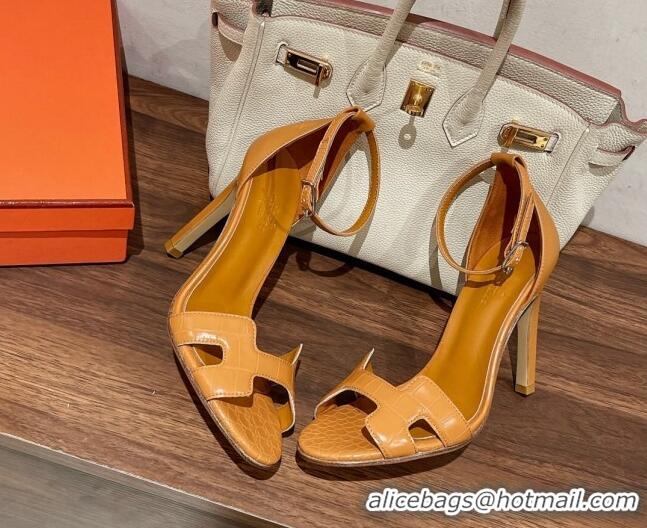 Hot Style Hermes Premiere Heel Sandals 9 cm in Crocodile Embossed Leather 020867 Light Brown