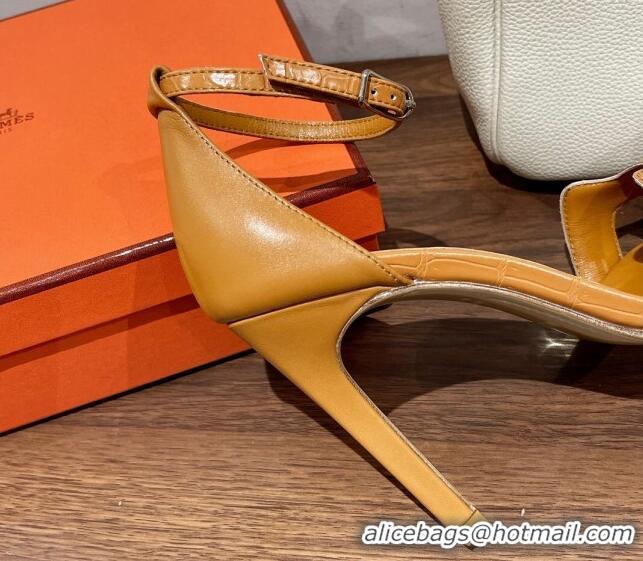 Hot Style Hermes Premiere Heel Sandals 9 cm in Crocodile Embossed Leather 020867 Light Brown