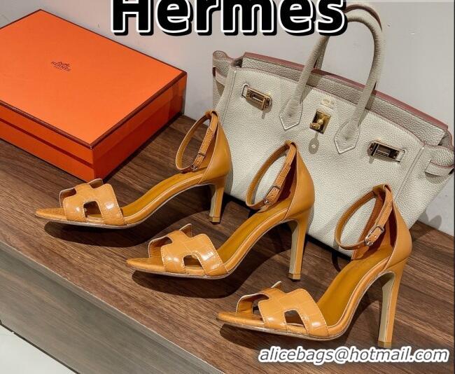 Hot Style Hermes Premiere Heel Sandals 9 cm in Crocodile Embossed Leather 020867 Light Brown