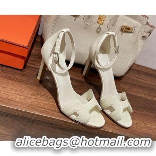 Top Grade Hermes Premiere Heel Sandals 9 cm in Crocodile Embossed Leather 020867 White