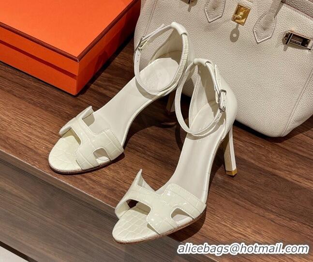 Top Grade Hermes Premiere Heel Sandals 9 cm in Crocodile Embossed Leather 020867 White