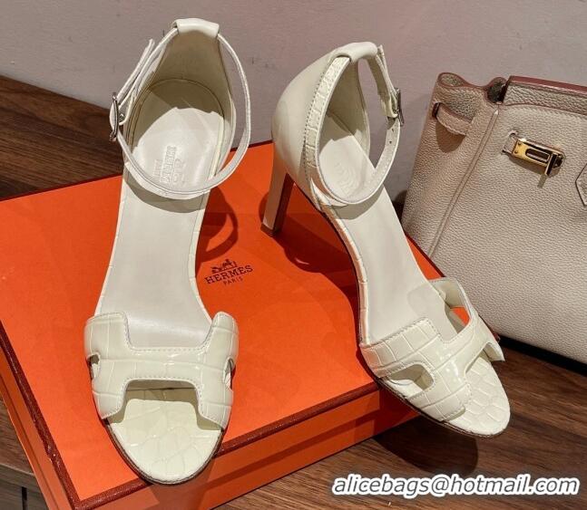 Top Grade Hermes Premiere Heel Sandals 9 cm in Crocodile Embossed Leather 020867 White