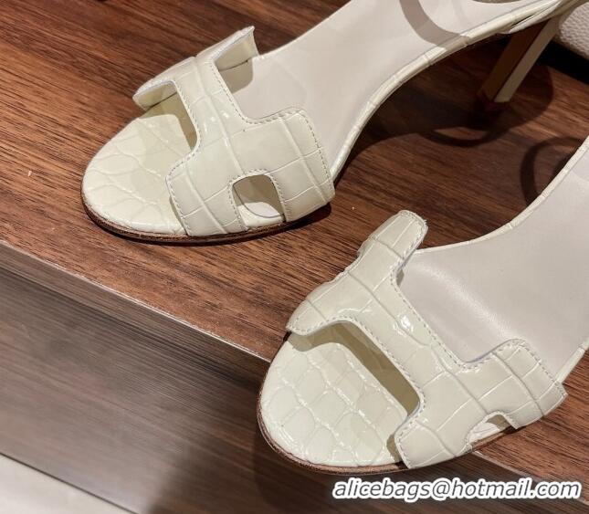 Top Grade Hermes Premiere Heel Sandals 9 cm in Crocodile Embossed Leather 020867 White