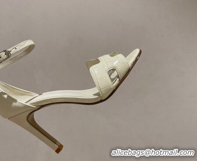 Top Grade Hermes Premiere Heel Sandals 9 cm in Crocodile Embossed Leather 020867 White