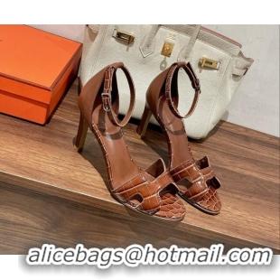 Low Price Hermes Premiere Heel Sandals 9 cm in Crocodile Embossed Leather 020867 Brown