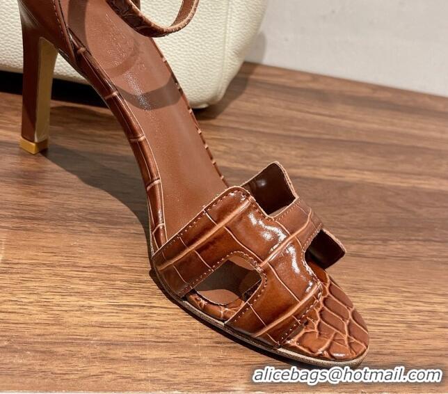 Low Price Hermes Premiere Heel Sandals 9 cm in Crocodile Embossed Leather 020867 Brown