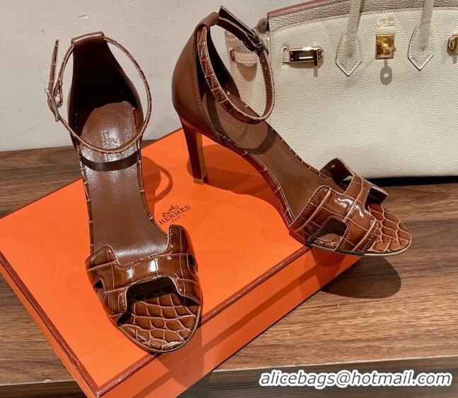 Low Price Hermes Premiere Heel Sandals 9 cm in Crocodile Embossed Leather 020867 Brown