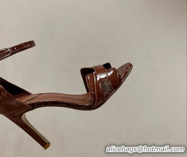 Low Price Hermes Premiere Heel Sandals 9 cm in Crocodile Embossed Leather 020867 Brown