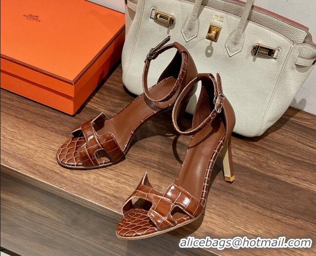 Low Price Hermes Premiere Heel Sandals 9 cm in Crocodile Embossed Leather 020867 Brown