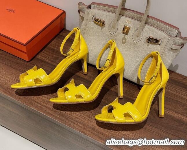 Top Design Hermes Premiere Heel Sandals 9 cm in Crocodile Embossed Leather 020867 Bright Yellow