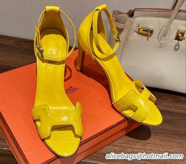 Top Design Hermes Premiere Heel Sandals 9 cm in Crocodile Embossed Leather 020867 Bright Yellow