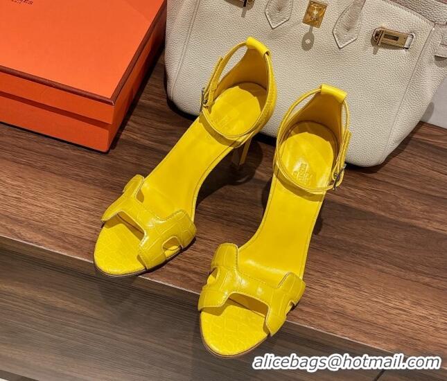 Top Design Hermes Premiere Heel Sandals 9 cm in Crocodile Embossed Leather 020867 Bright Yellow