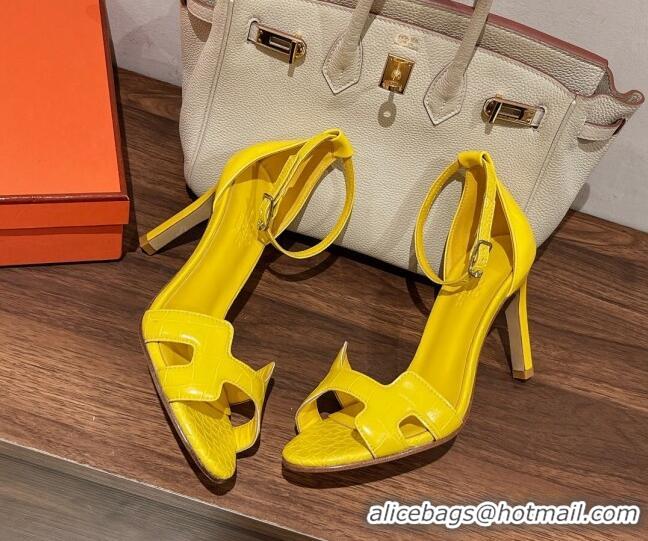 Top Design Hermes Premiere Heel Sandals 9 cm in Crocodile Embossed Leather 020867 Bright Yellow