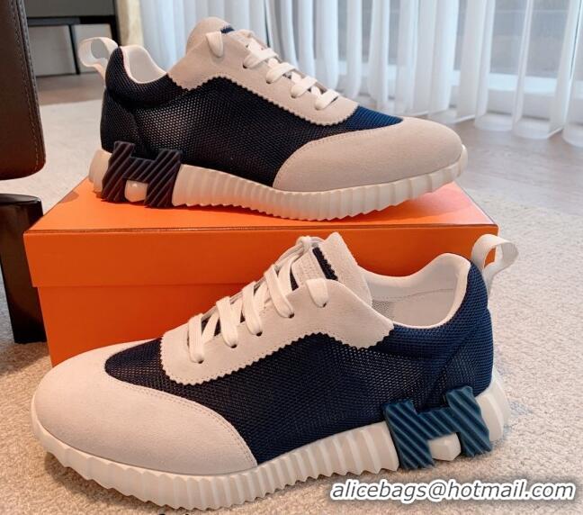 Top Grade Hermes Bouncing Sneakers in Mesh and Suede Navy Blue 020885