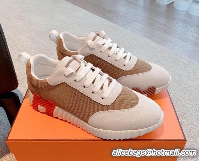 Luxury Hermes Bouncing Sneakers in Mesh and Suede Brown 020889