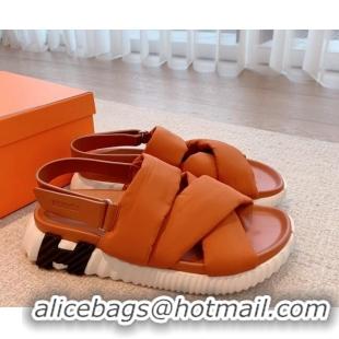 Top Grade Hermes Eclair Fabric Strap Flat Sandals Orange 020896