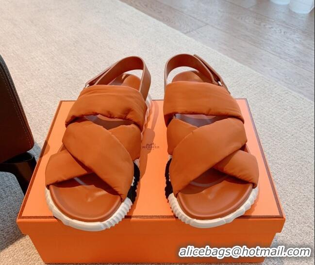 Top Grade Hermes Eclair Fabric Strap Flat Sandals Orange 020896