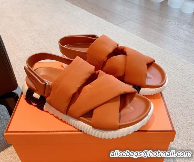 Top Grade Hermes Eclair Fabric Strap Flat Sandals Orange 020896