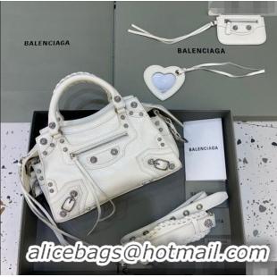 Top Grade Balenciaga Neo Cagole XS Lambskin Top Handle Bag with Crystal BA1570 White 2022